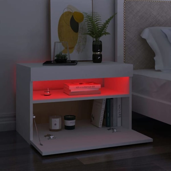 2 kpl yöpöytiä LED-valoilla ja ovikomponentilla 60 x 35 x 40 cm valkoista sorvattua puuta DEC035933 Vit