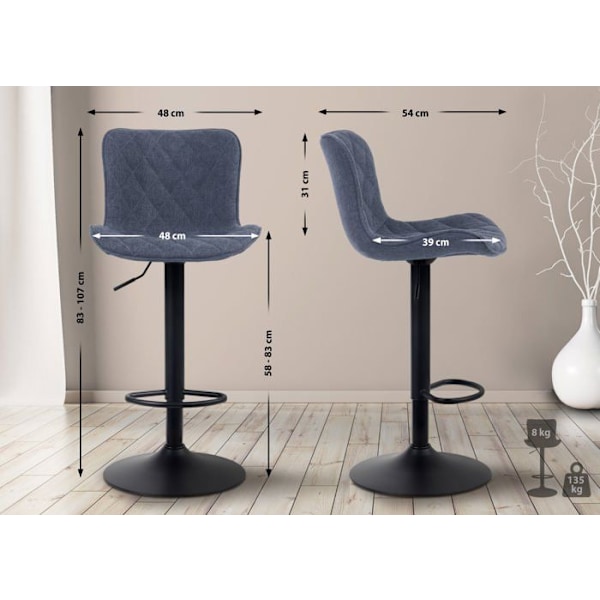 Baari stools x1 koristeelliset ompeleet trumpettijalka musta korkeussäädettävä metallista sininen kangaspäällyste 10_0004863 Blå