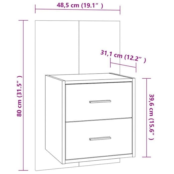 Væghængt natbord med to skuffer 48,5 x 32,5 x 80 cm i sort ingeniørtræ DEC034306 kastanj