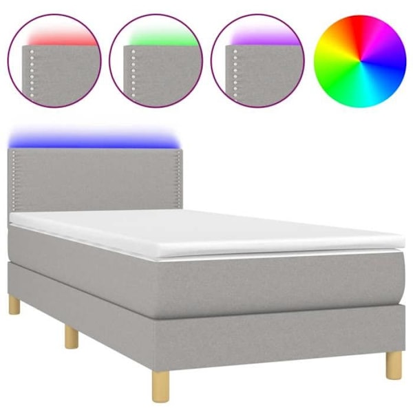 Sängram - LED - 100x200 cm - Ljusgrått tyg - Sängbotten och madrass ingår - 1 plats Ljusgrått