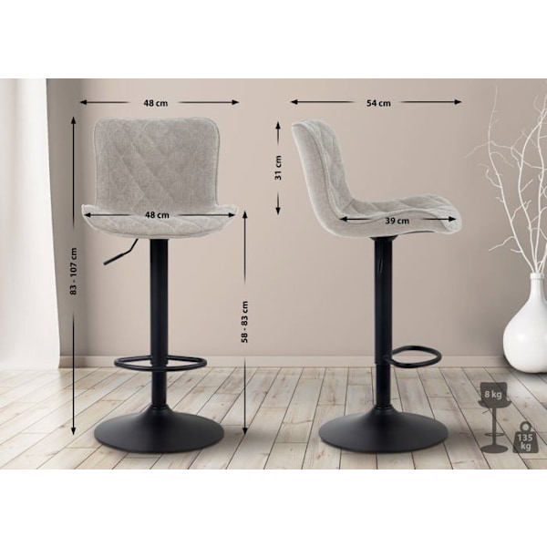 Sæt med 2 barstole med dekorative syninger, trumpetfod, justerbar højde i sort metal, sæde i taupe stof 10_0004139 Metall