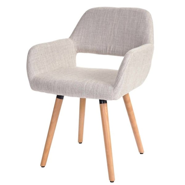 Retro design ilman pyöriä, kermavärinen kangasruokailupöydän tuoli, vaaleasta puusta jaloilla.