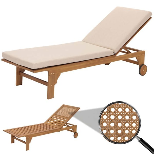 Trädgårdssoffa chaise longue i trä och dekorativ konstrotting med beige creme kudde 04_0008607 Beige