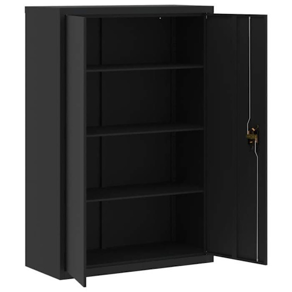 Kaapit laatikoilla toimistokaluste, jossa 3 säädettävää hyllyä, lukittavat ovet 90 x 40 x 140 cm mustaa terästä DEC024590 Svart