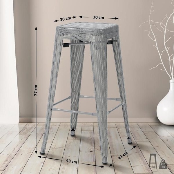 Barstol med fodstøtte i industriel design, stabelbar i perforeret sølvmetal 10_0004871 Silver