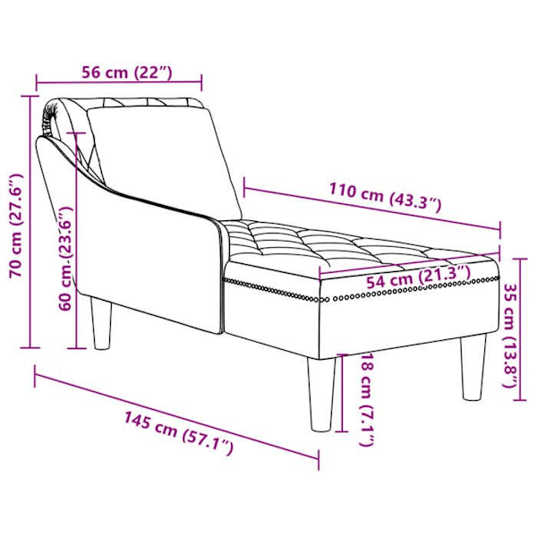 Meridienne chaise longue sohva sisätiloihin, tyyny ja oikea käsinoja harmaata samettia DEC026265 Grå