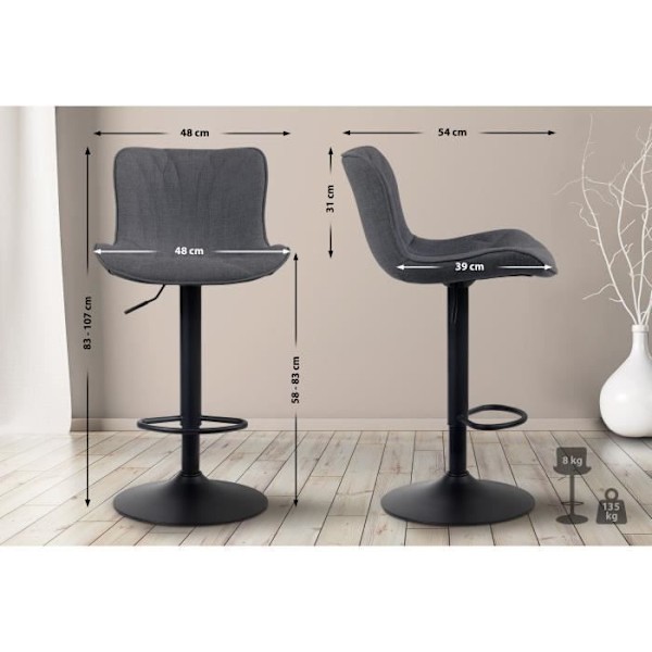 Barstolar - Noname - Set om 2 - Svart tyg - Svart metall - Justerbar höjd Svart
