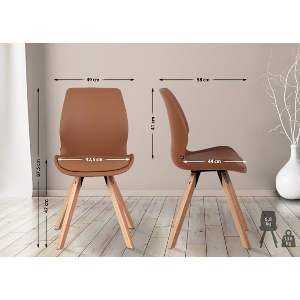 Set med 4 designstolar i skandinavisk stil för matsal, sits i ljusbrun PVC och ben i ljus trä 10_0001849 kastanj