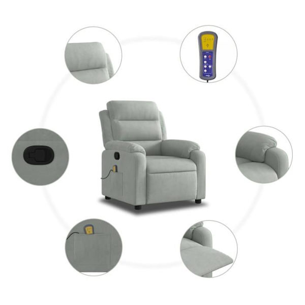 Tv-relaxstol med manuell lutningsfunktion och 6 punkter för massage i ljusgrå sammet DEC026933 Grå