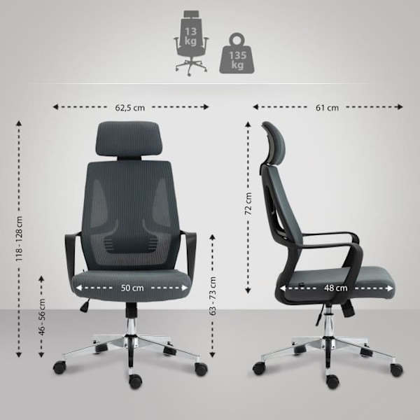 Ergonomisk kontorsstol i grå nät, justerbar höjd och svängbart säte med justerbart nackstöd