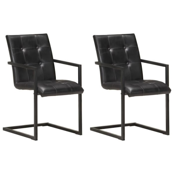 Set med 2 köksstolar i retro design med svart äkta läder och cantilever.