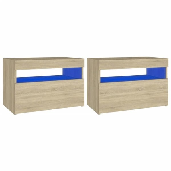 Sæt af 2 natborde med LED-lys og skab med dør 60 x 35 x 40 cm ingeniørtræ farve eg DEC036202 kastanj
