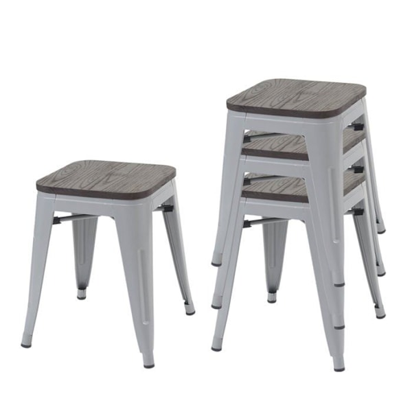 Sæt af 4 design industrielle stapelbare lav stool med siddeplade i træ og metal grå 04_0005230 kastanj