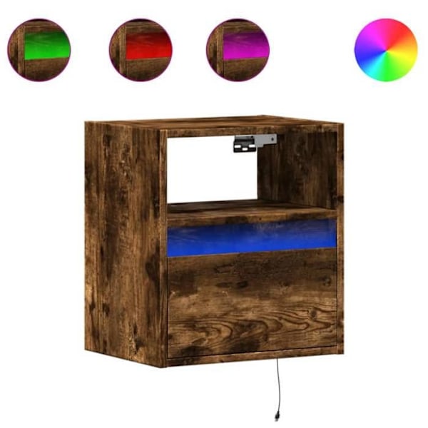 Vægmonteret natbord med LED-lys og skuffe 41 x 31 x 45 cm brun ingeniørtræ DEC034173 kastanj