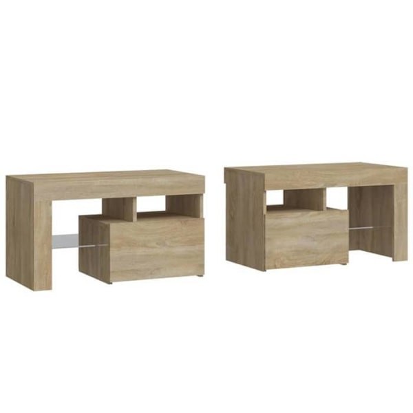 Sæt med 2 natborde med LED-lys og skab med dør 70 x 36,5 x 40 cm i ingeniørtræ farve eg DEC0354 kastanj