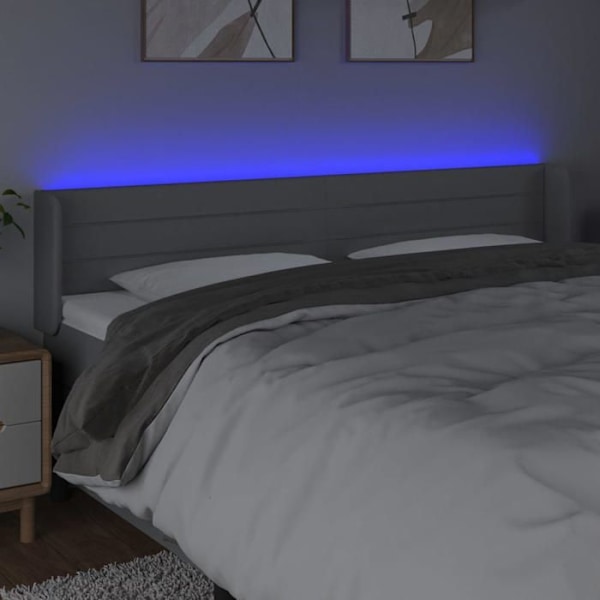 Hovedgærde til seng, soveværelse, møbel med LED 203 x 16 x 78/88 lys grå stof Ljusgrått