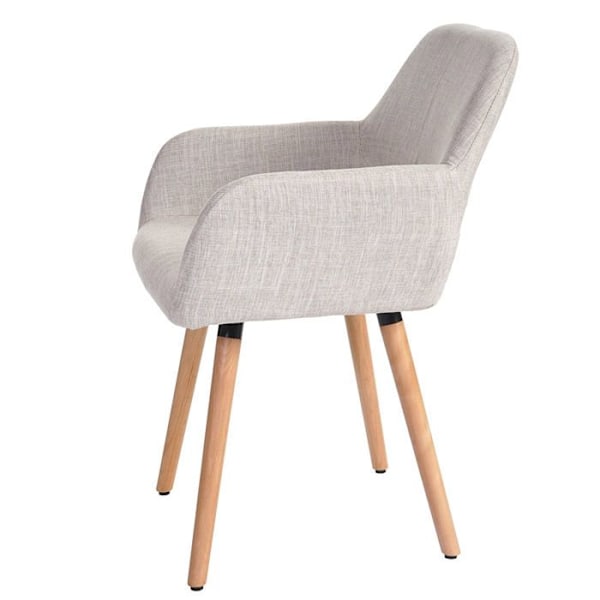 Retro design ilman pyöriä, kermavärinen kangasruokailupöydän tuoli, vaaleasta puusta jaloilla.