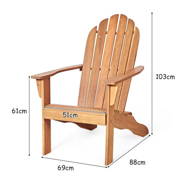 Säänkestävä puinen Adirondack-puutarhatuoli kaarevalla selkänojalla, kuormitus 170kg, puun väri.