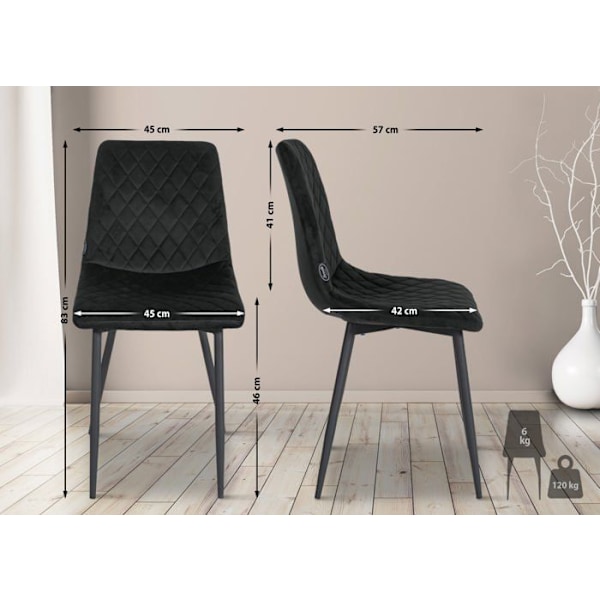 Spisestol x1 med dekorative diamant-syninger, sort velour sæde og sorte metalben 10_0001497 Metall