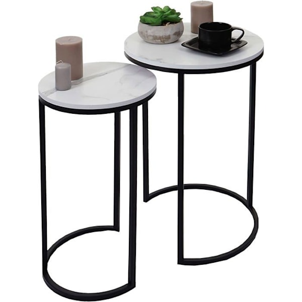 Sæt af 2 sideborde med planteholder, ender af sofaer, marmor MDF hvid og sort