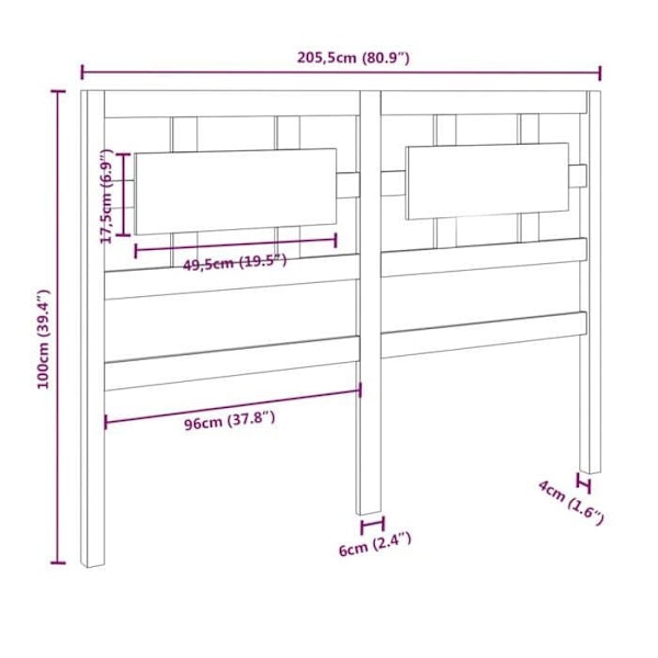 Hovedgærde til seng, soveværelse, møbel 205,5 x 4 x 100 cm sort fyrretræ TDL0202160