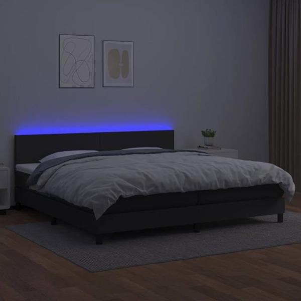 LED-sengestel med silke hovedgærde, 200 x 200 syntetisk sort madras. Svart