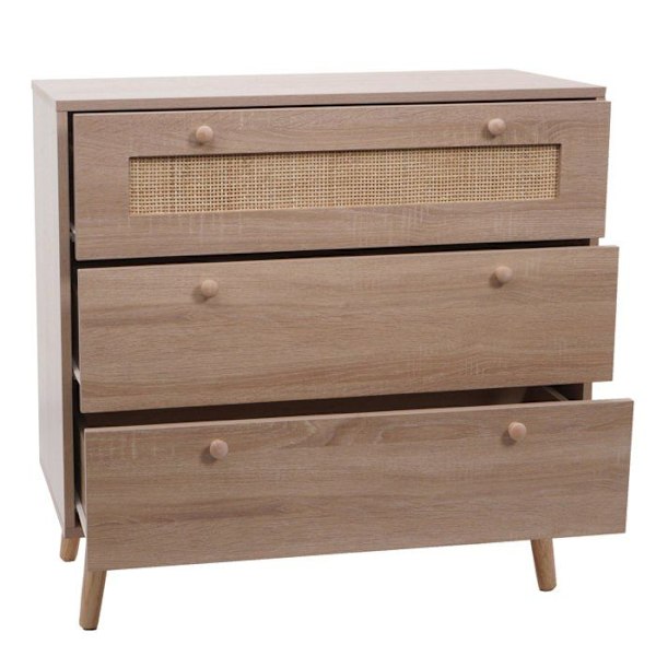 Kommodi, jossa on 3 laatikkoa, buffet kubu, rottinkipuu, melamiini, 78x80x39 cm, tammi-ilme 04_0006540 kastanj