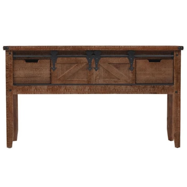 Konsolbord med 2 skuffer og 2 rum 131 x 35,5 x 75 cm i massivt fyrretræ, MDF og stål DEC031748 kastanj