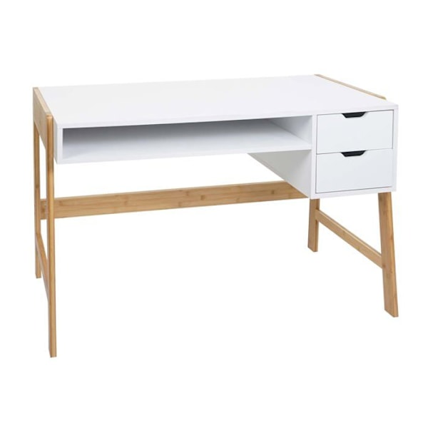 Työpöytä tietokoneelle, jossa kaksi laatikkoa 76x115x58 cm MDF valkoinen ja bambu 04_0006058 Vit