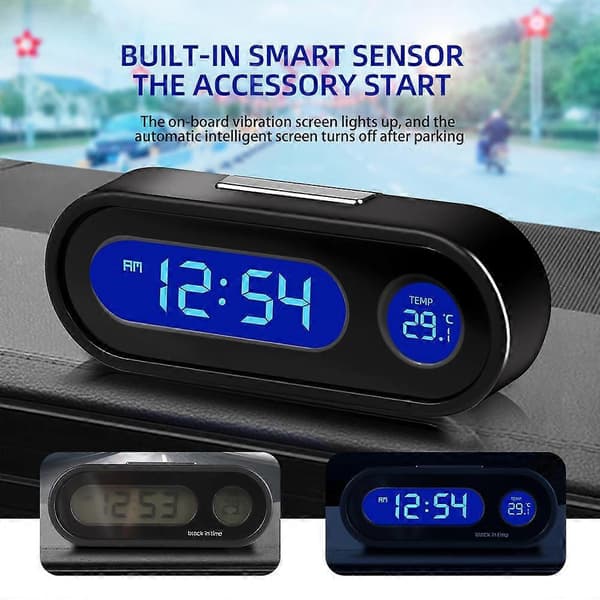Kompakt Digital Bilklocka - Ljusstark med LCD-bakgrundsbelysning - Termometer, Tidsvisning, Biltillbehör