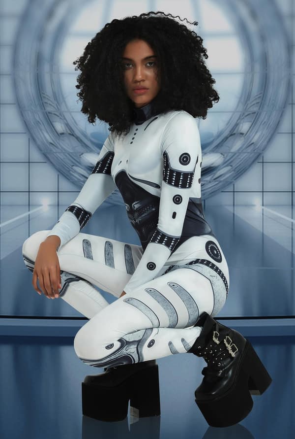 (S)Robot Damkostym, Cyborg Bodysuit Halloweenkostym