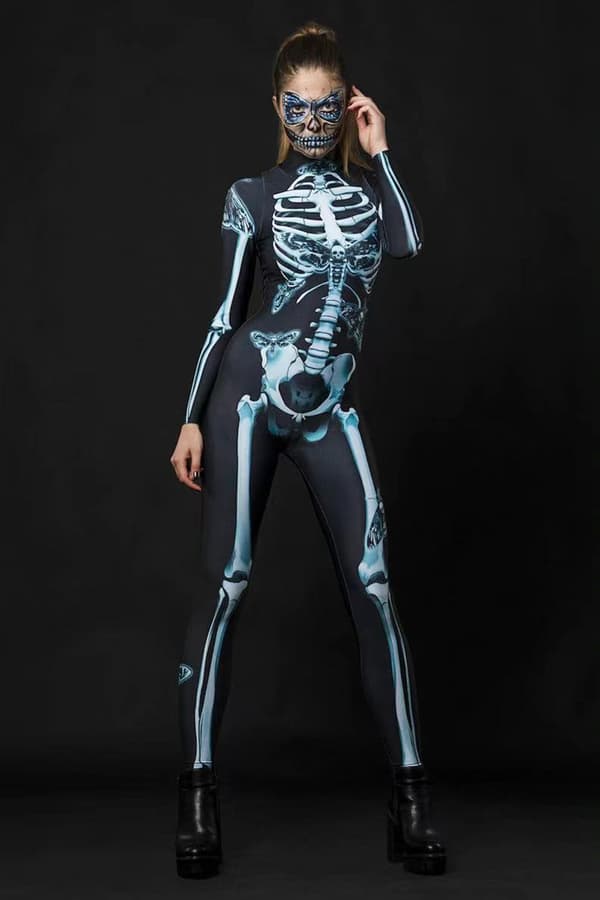 (XS) Halloweenkostym, gotisk skelettdräkt