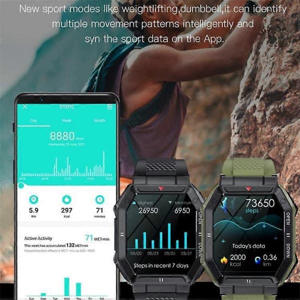 K55 1.85\" IPS Smartklocka Bluetooth Samtal Musikklocka Utomhus Multi-Sportläge Hälsoklocka med Puls Blodtryck Blodsyre