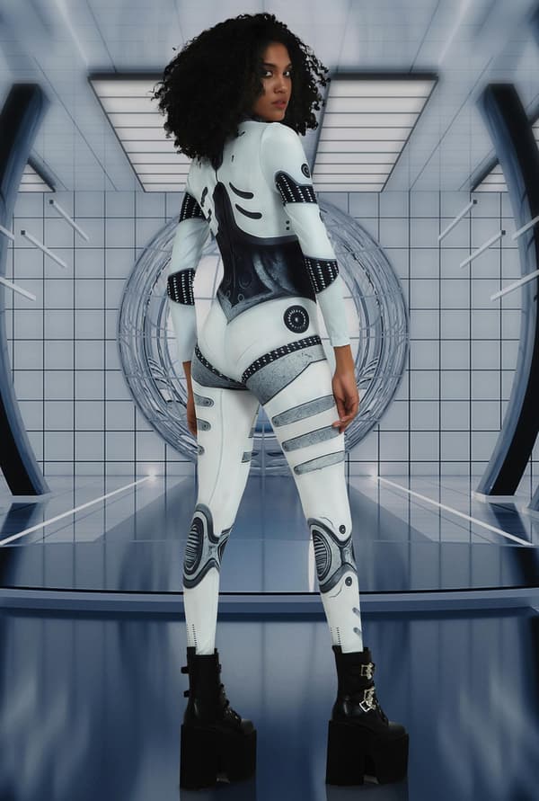 (S)Robot Damkostym, Cyborg Bodysuit Halloweenkostym