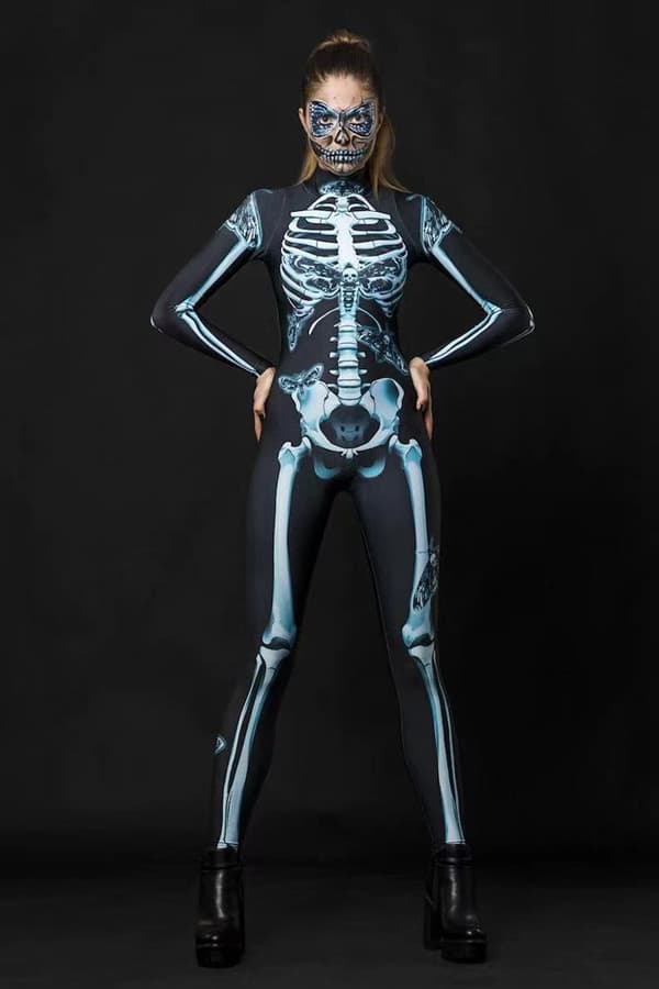 (XL) Halloweenkostym, gotisk skelettdräkt