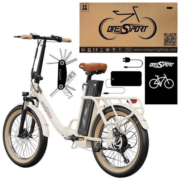 ONESPORT OT16-2 Elektriska Cyklar Fällbar Cykel 250W motor,48V17AH batteri, topphastighet 25km/h,räckvidd 60-120km,Fällbara stavar,20*3.0,APP,7 växlar Beige