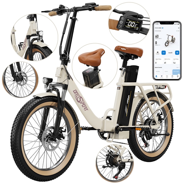 ONESPORT OT16-2 Elektriska Cyklar Fällbar Cykel 250W motor,48V17AH batteri, topphastighet 25km/h,räckvidd 60-120km,Fällbara stavar,20*3.0,APP,7 växlar Beige