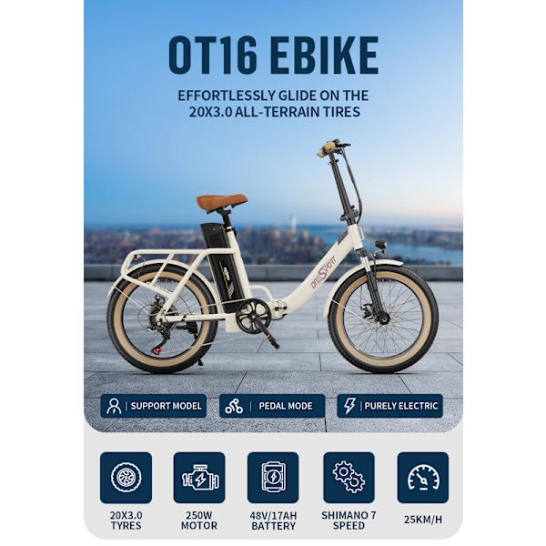 ONESPORT OT16-2 Elektriska Cyklar Fällbar Cykel 250W motor,48V17AH batteri, topphastighet 25km/h,räckvidd 60-120km,Fällbara stavar,20*3.0,APP,7 växlar Beige