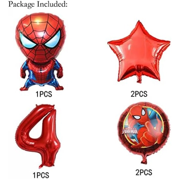 6 stk. Superhelt Spiderman 4 års fødselsdag Dekorationer Rød Nummer 4 Ballon 32 tommer | Spiderman Fødselsdag Balloner (Spiderman 4 års fødselsdag)