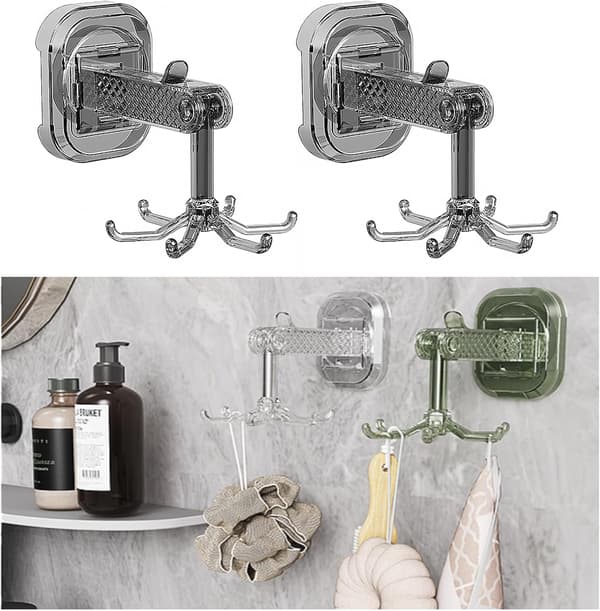 Självhäftande sugkoppskrokar roterbara transparent grå 6 krokar 2-pack