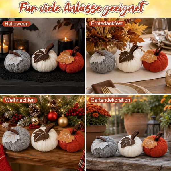 3-delt strikket græskarsæt, efterår Halloween kunstige ornamenter
