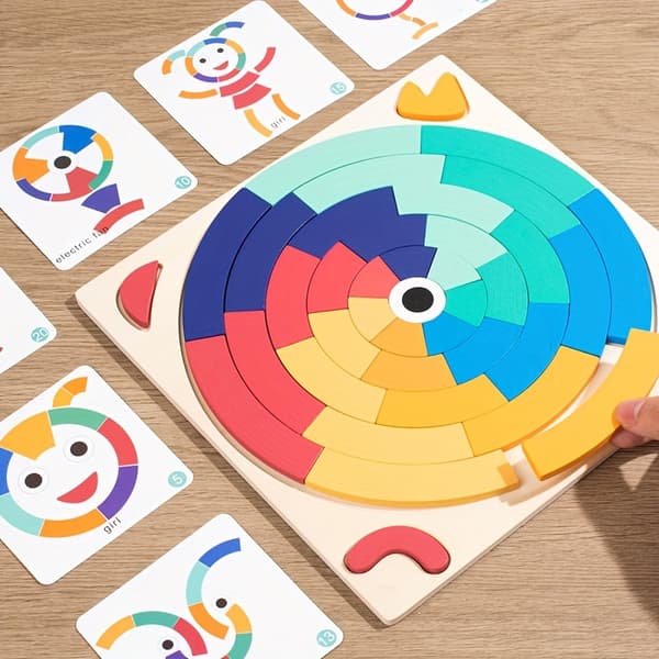 Regnbuebyggeklodspuslespil med 15 mønsterkort Creative rainbow building blocks