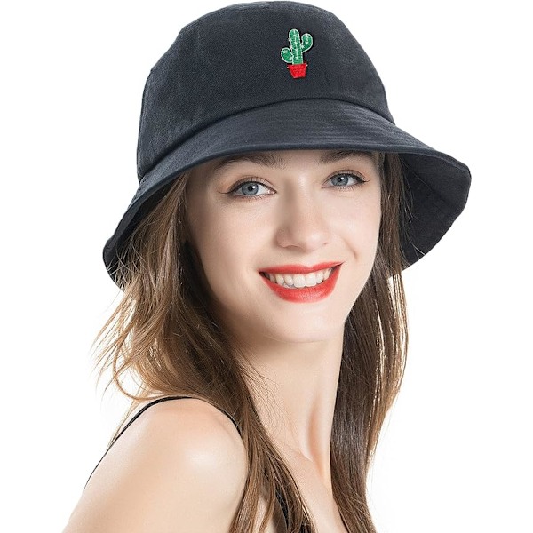 Bucket Hat Bomull Sommar Fiskehatt för Kvinnor Män，（cactus-black）