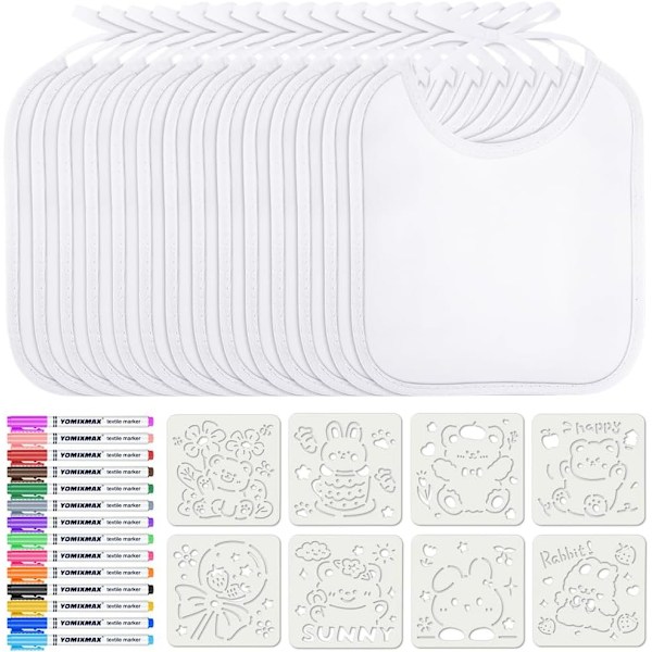 Baby hagesmæk hvid til at male på, 14 stk. personlige babyhagesmække, 14 stk. tekstiltusser med 8 stencils, malehagesmække til nyfødt babyshower pige dreng White