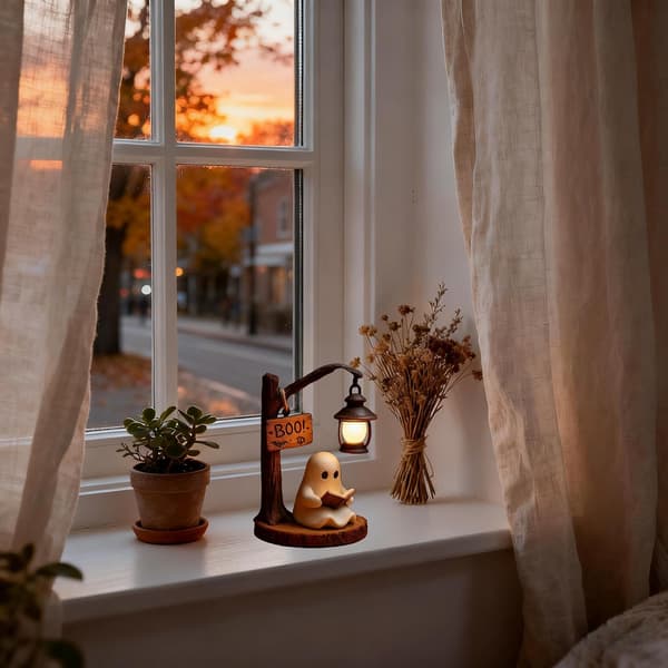 Cute Ghost Reading Book LED Statue Night Light, Halloween Figurine Lamp - Indoor Party Decor for Home, Office, Kitchen, Tabletop