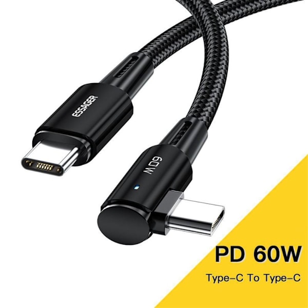ESSAGER 2m 60W PD USB-C - USB-C Kulmaliitin Latauskaapeli Musta
