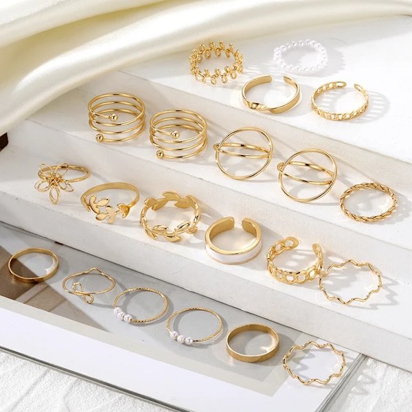 21-pack Guldringar - Glittrande Släta & Olika Mönster{F2}