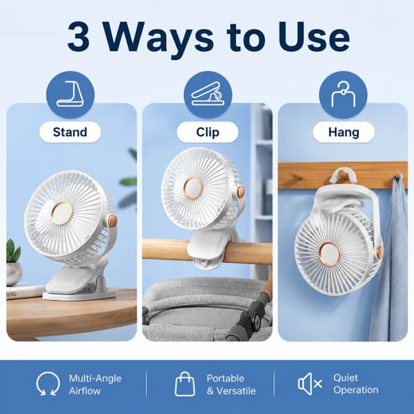 Bærbar Clipventilator, 5-trins Mini Bordventilator med Klips, Stativ og Ophængsdesign, 720° Rotation til Hjem, Kontor og Rejser White