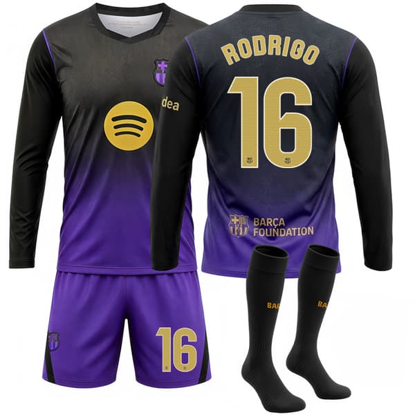 Ungdom Barcelona Udebanetrøje Langærmet Sort Lilla Nummer 10 Size 7 with socks #M