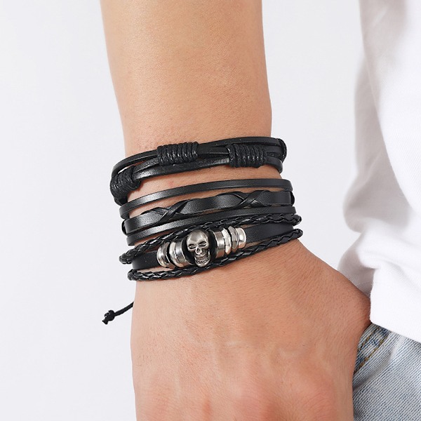Set med 6 läderarmband svart brun flätade breda armband kvinnor män punk smycken dödskalle